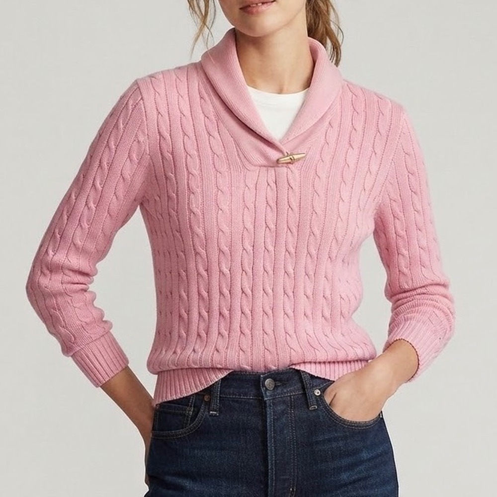 Lauren Ralph Lauren Pink Cable Knit Sweater XL Shawl Collar Toggle 100% Cotton